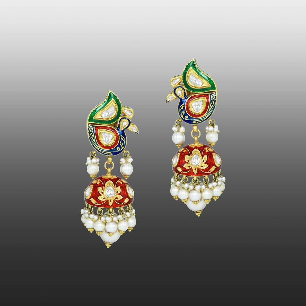 Peacock Motif Enamel Necklace Set with Polki and Pearl Drops